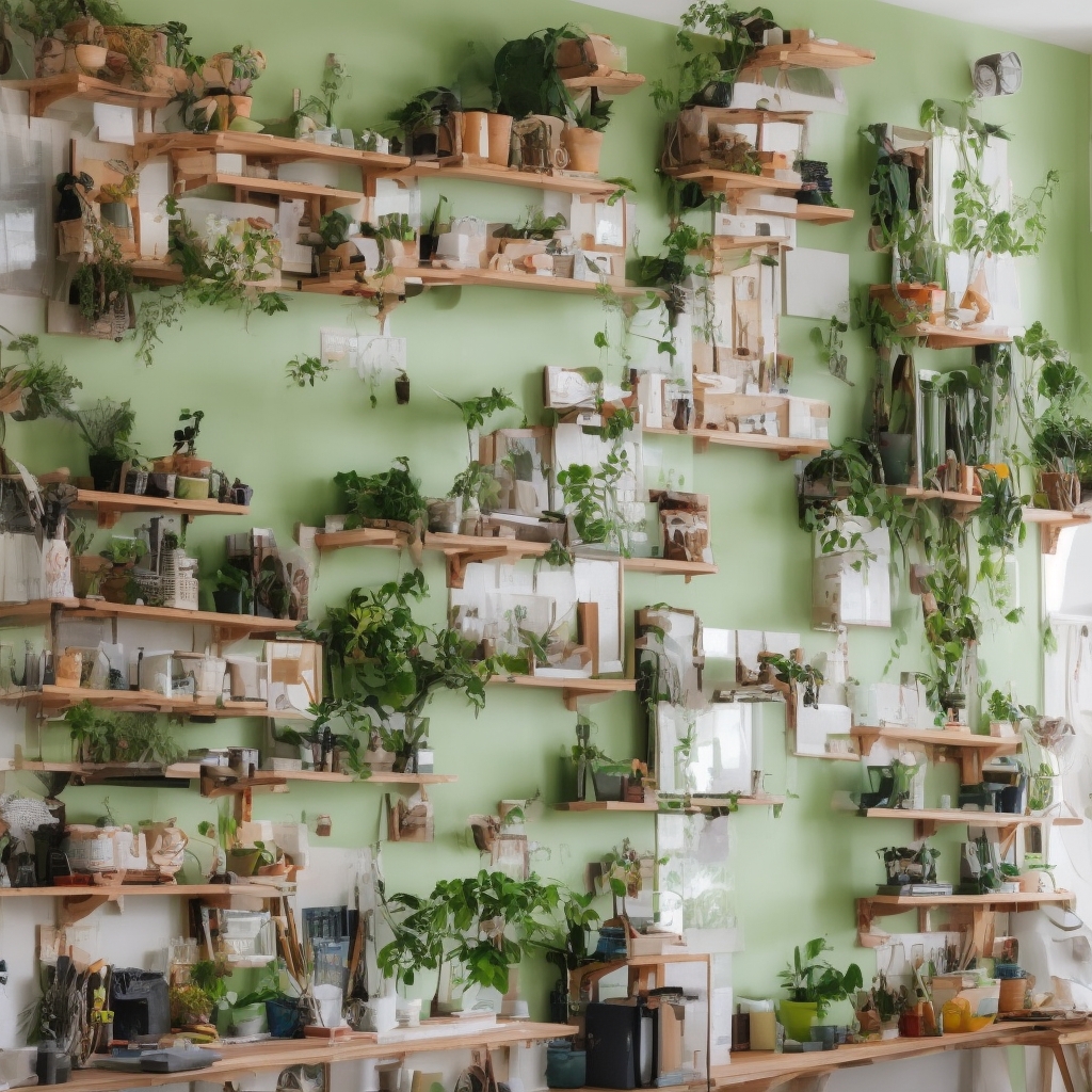 Bright minimalist home DIY workshop with natural light streaming through windows, organized tools on wooden shelves with soft green accents